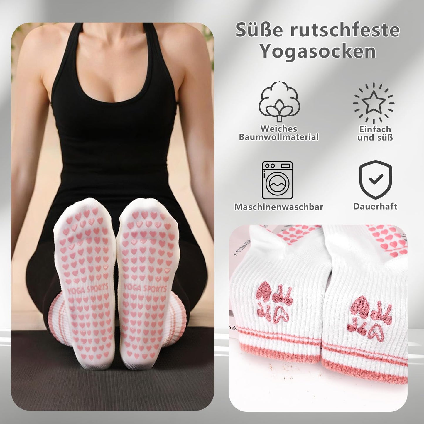 Kaempe Pilates Socken, Rutschfeste Socken Damen Mit Noppen, 3 Paar Stoppersocken Damen, Yoga Socken Mit Süßen Mustern, Antirutschsocken, Sportsocken Für Yoga, Ballett, Fitness