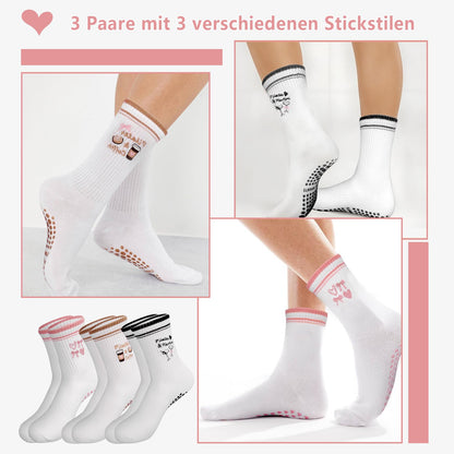 Kaempe Pilates Socken, Rutschfeste Socken Damen Mit Noppen, 3 Paar Stoppersocken Damen, Yoga Socken Mit Süßen Mustern, Antirutschsocken, Sportsocken Für Yoga, Ballett, Fitness